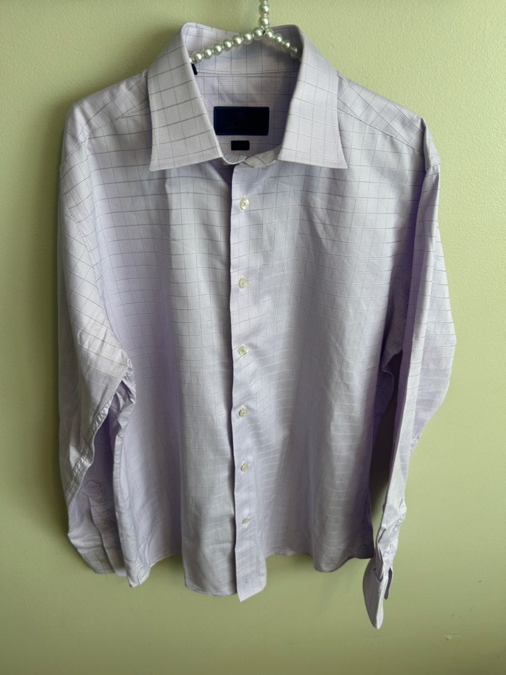 David Donahue Trim Fit Dress Shirt Men 16.5 34/35 Purple Windowpane Plaid Cotton